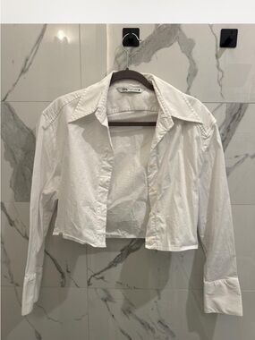 Zara White Cropped Button-Up Shirt Jacket